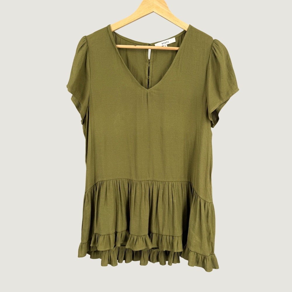 RO&DE Peplum Top Size Medium Olive Green Short Sleeve V-Neck Ruffle Hem
